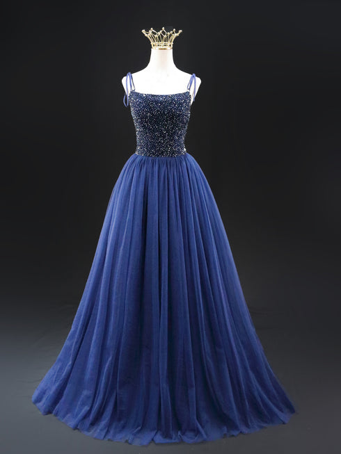 Navy Blue Wedding Dress - Sequin Evening Gown - Spaghetti Strap Dress with Lace-up Back Plus Size